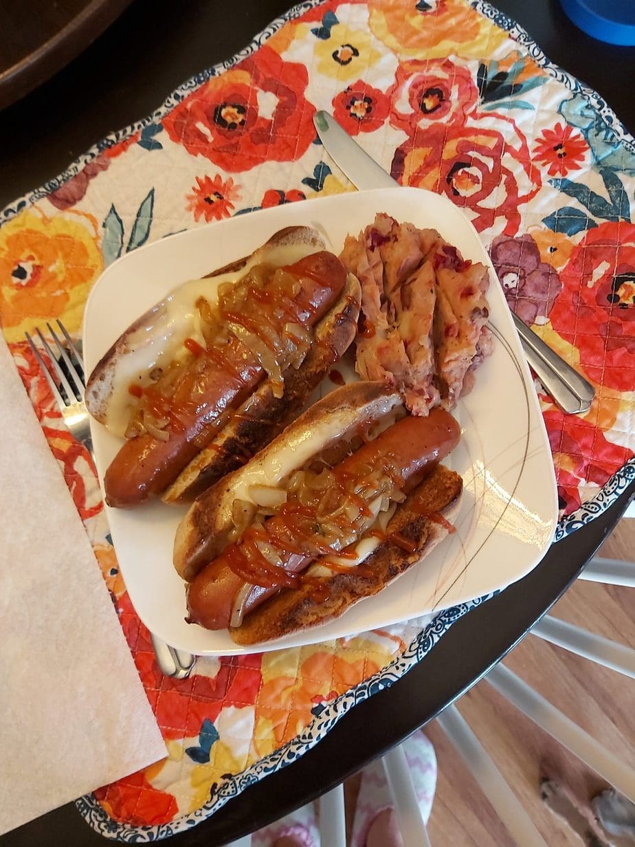 Onions Gravy Smokies with Beet / Potato Mash